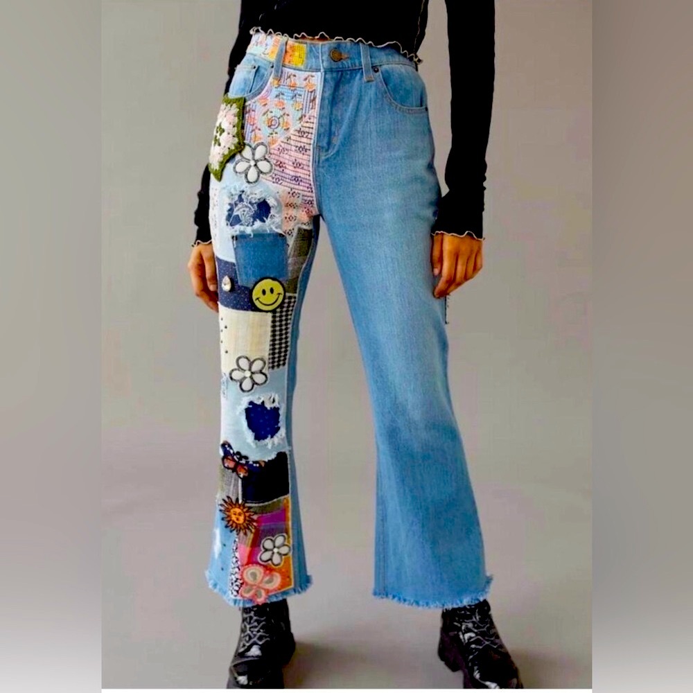 BDG Light Blue Denim Flare Jeans with Colorful Patchwork